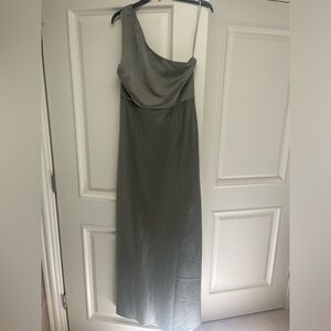 BHLDN Dylan One-Shoulder Satin Side-Slit Gown, size 16, new with tags, moss